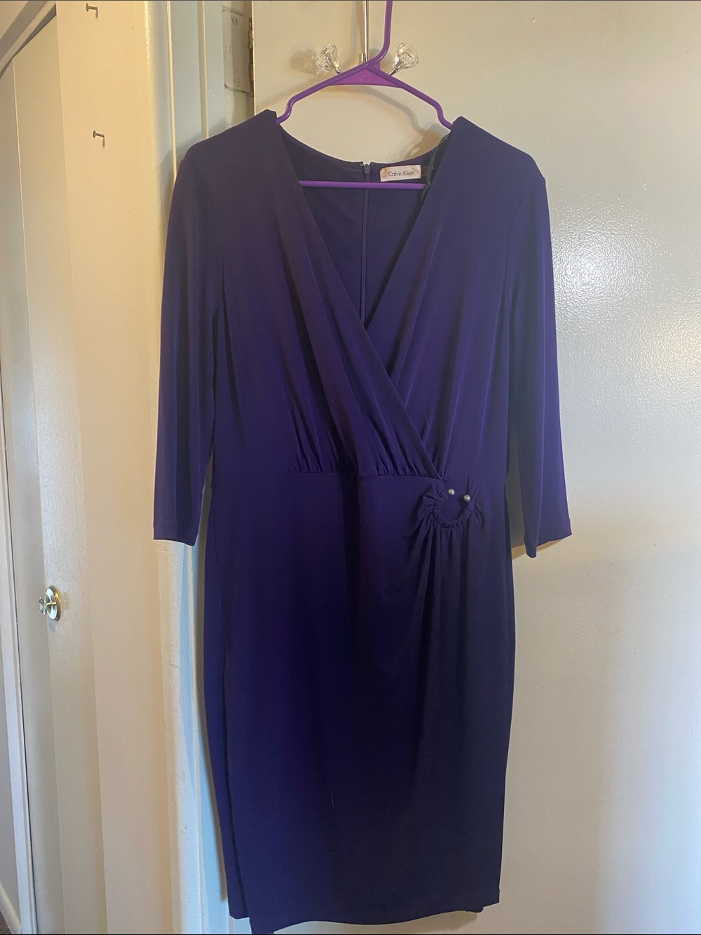 Calvin Klein Deep Purple Faux-Wrap 3/4” Long Sleeve Dress
